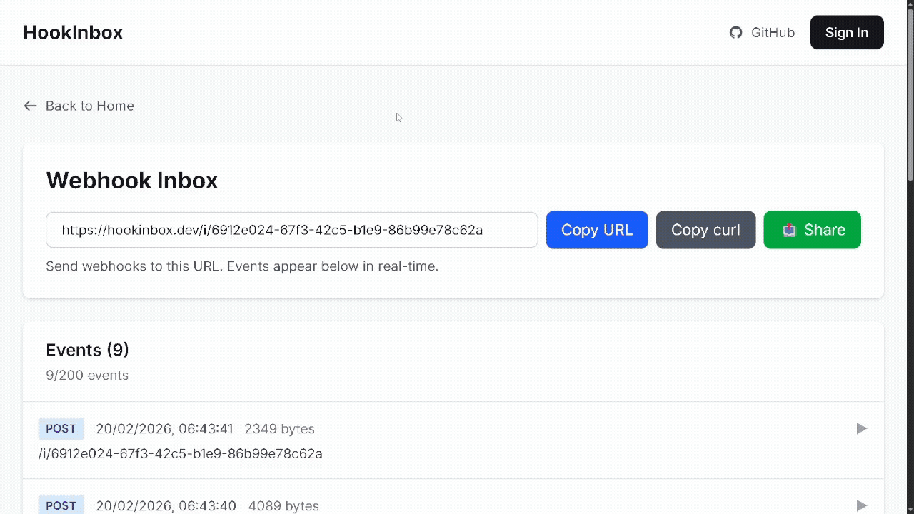 HookInbox demo showing webhook failure diagnostics